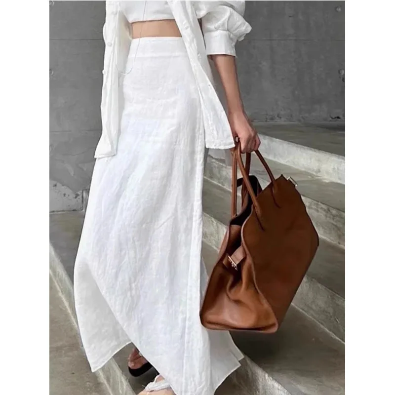 Summer Cotton Skirt White Pure Color Elegant Long Skirt Women Slit High Waist Maxi Straight Skirt Office Lady Ankle Length Skirt
