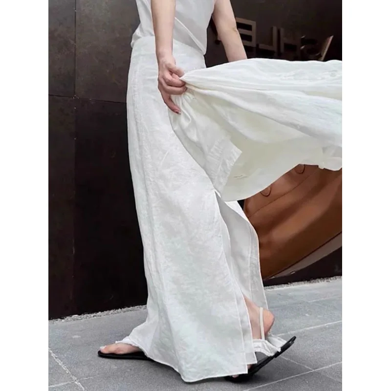 Summer Cotton Skirt White Pure Color Elegant Long Skirt Women Slit High Waist Maxi Straight Skirt Office Lady Ankle Length Skirt
