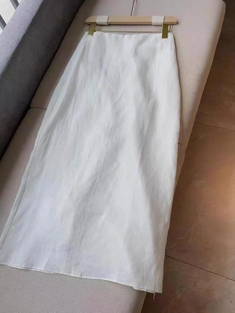 Summer Cotton Skirt White Pure Color Elegant Long Skirt Women Slit High Waist Maxi Straight Skirt Office Lady Ankle Length Skirt