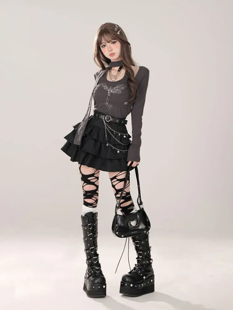 Women Black Gothic A-line Cake Skirt Vintage Y2k Skirt Aesthetic Harajuku Korean Elegant Kawaii Emo Skirts 2000s Trashy Clothes