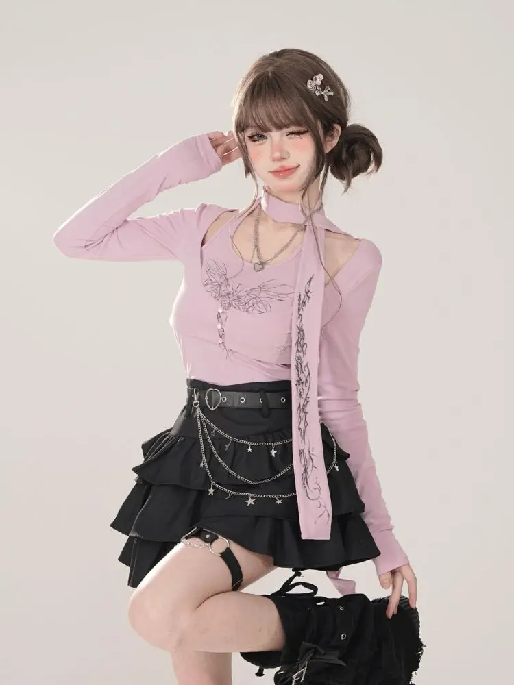 Women Black Gothic A-line Cake Skirt Vintage Y2k Skirt Aesthetic Harajuku Korean Elegant Kawaii Emo Skirts 2000s Trashy Clothes