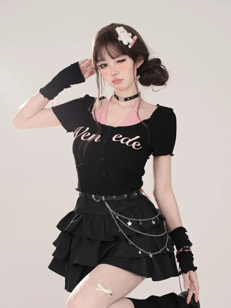 Women Black Gothic A-line Cake Skirt Vintage Y2k Skirt Aesthetic Harajuku Korean Elegant Kawaii Emo Skirts 2000s Trashy Clothes