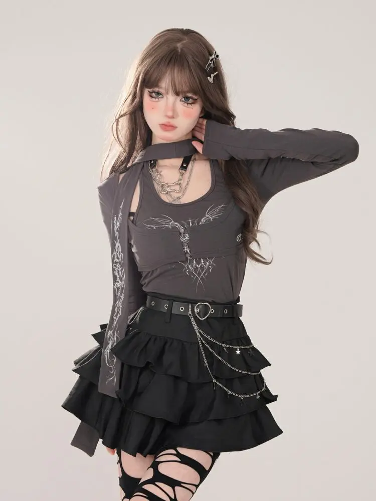 Women Black Gothic A-line Cake Skirt Vintage Y2k Skirt Aesthetic Harajuku Korean Elegant Kawaii Emo Skirts 2000s Trashy Clothes