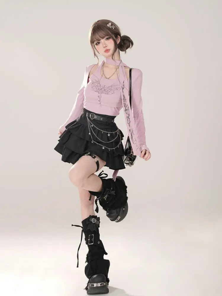 Women Black Gothic A-line Cake Skirt Vintage Y2k Skirt Aesthetic Harajuku Korean Elegant Kawaii Emo Skirts 2000s Trashy Clothes