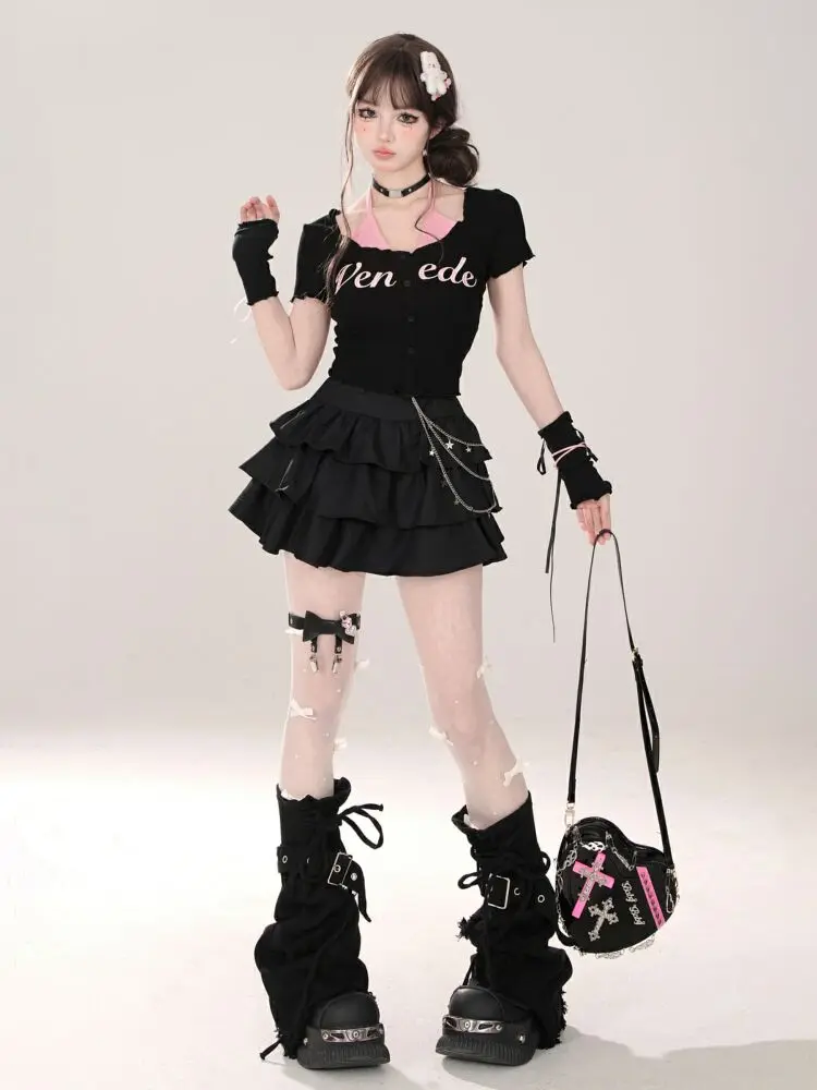 Women Black Gothic A-line Cake Skirt Vintage Y2k Skirt Aesthetic Harajuku Korean Elegant Kawaii Emo Skirts 2000s Trashy Clothes