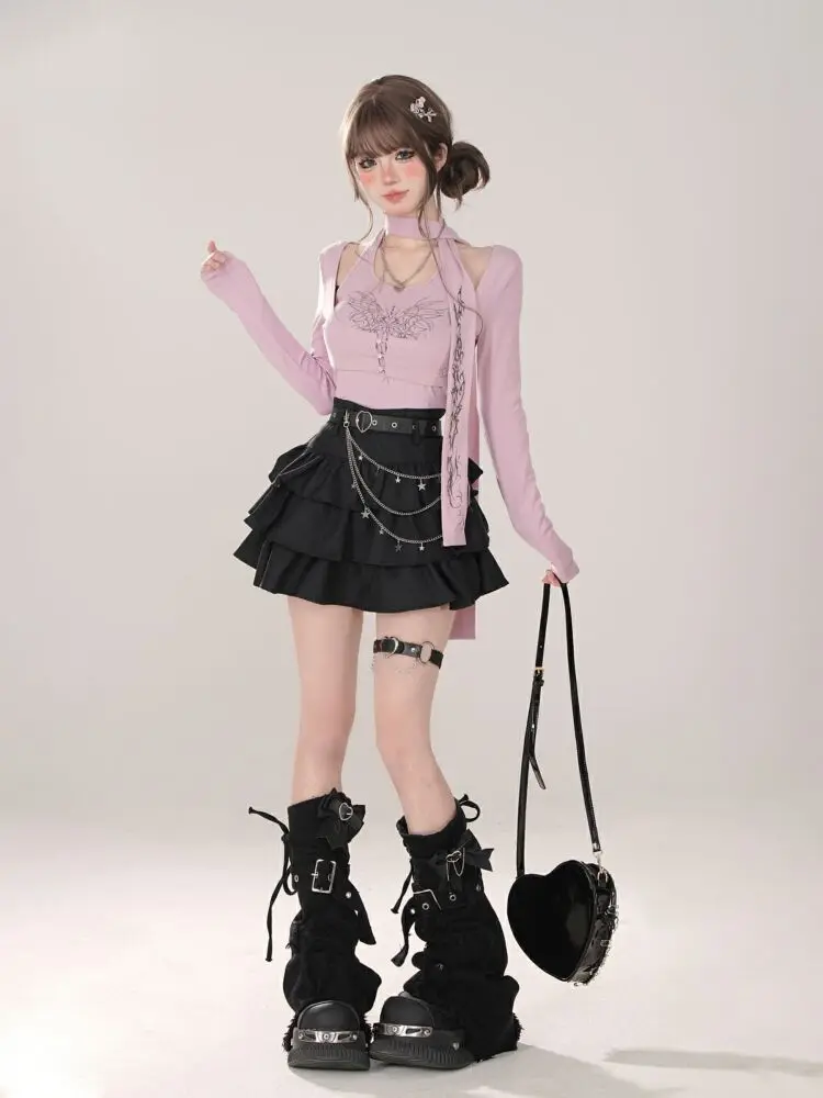 Women Black Gothic A-line Cake Skirt Vintage Y2k Skirt Aesthetic Harajuku Korean Elegant Kawaii Emo Skirts 2000s Trashy Clothes