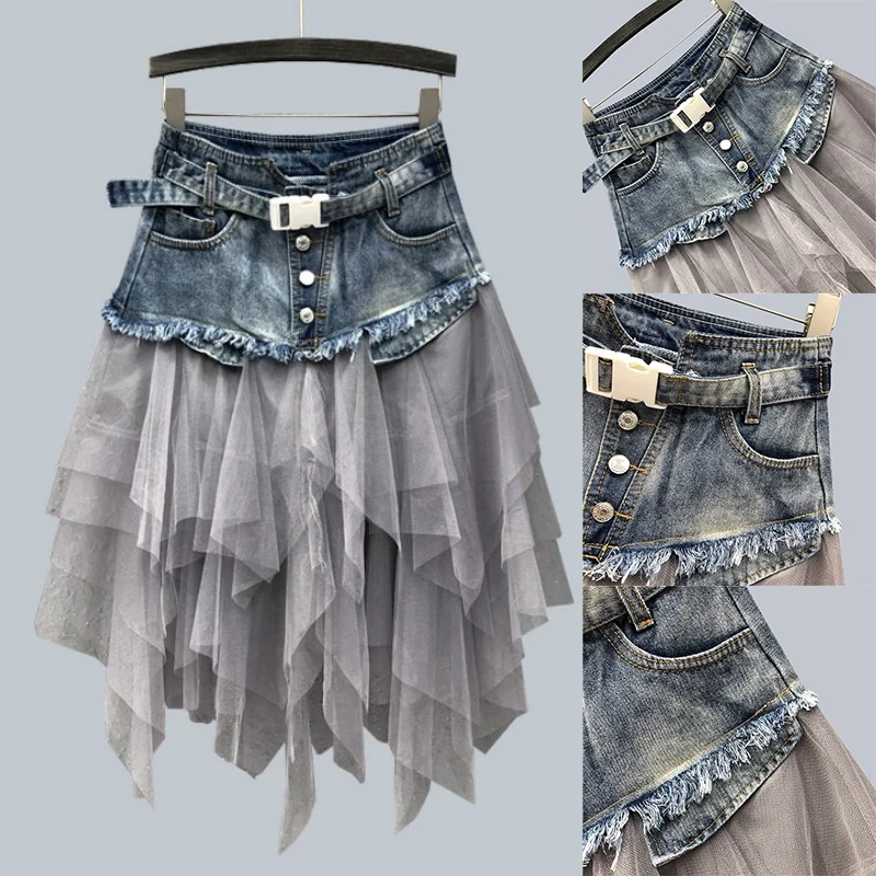 Punk Women Denim Jeans Mesh Patchwork Lace Skirt High Waist A Line Asymmetric Frill Tulle Pleated Midi Y2K Gothic Chic Skirts