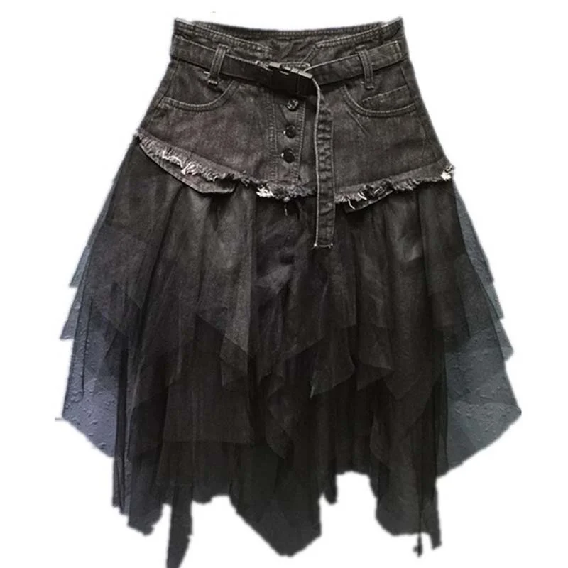 Punk Women Denim Jeans Mesh Patchwork Lace Skirt High Waist A Line Asymmetric Frill Tulle Pleated Midi Y2K Gothic Chic Skirts