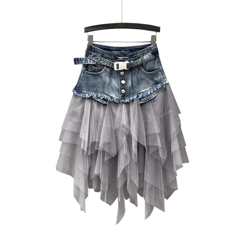 Punk Women Denim Jeans Mesh Patchwork Lace Skirt High Waist A Line Asymmetric Frill Tulle Pleated Midi Y2K Gothic Chic Skirts