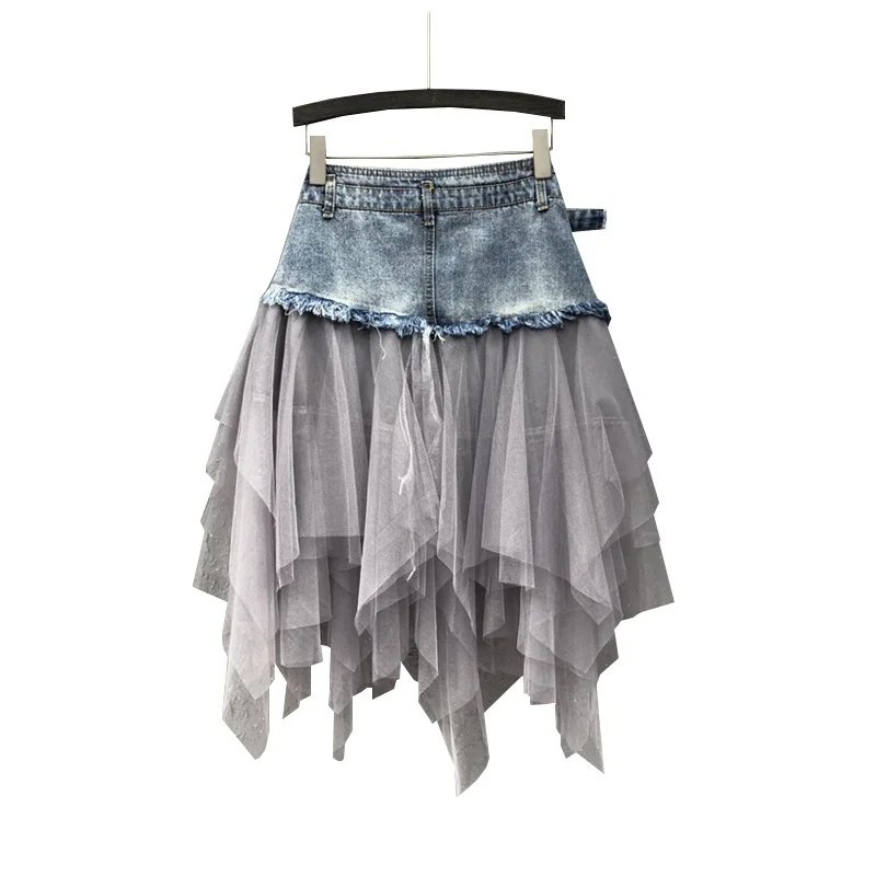 Punk Women Denim Jeans Mesh Patchwork Lace Skirt High Waist A Line Asymmetric Frill Tulle Pleated Midi Y2K Gothic Chic Skirts