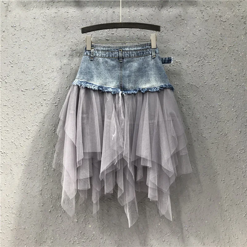 Punk Women Denim Jeans Mesh Patchwork Lace Skirt High Waist A Line Asymmetric Frill Tulle Pleated Midi Y2K Gothic Chic Skirts