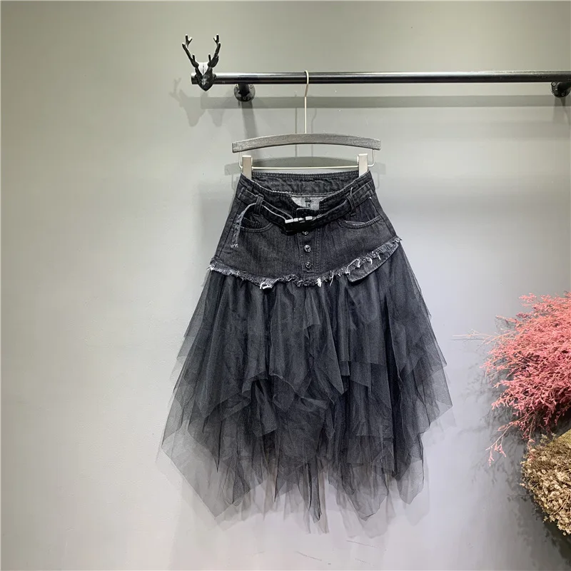 Punk Women Denim Jeans Mesh Patchwork Lace Skirt High Waist A Line Asymmetric Frill Tulle Pleated Midi Y2K Gothic Chic Skirts