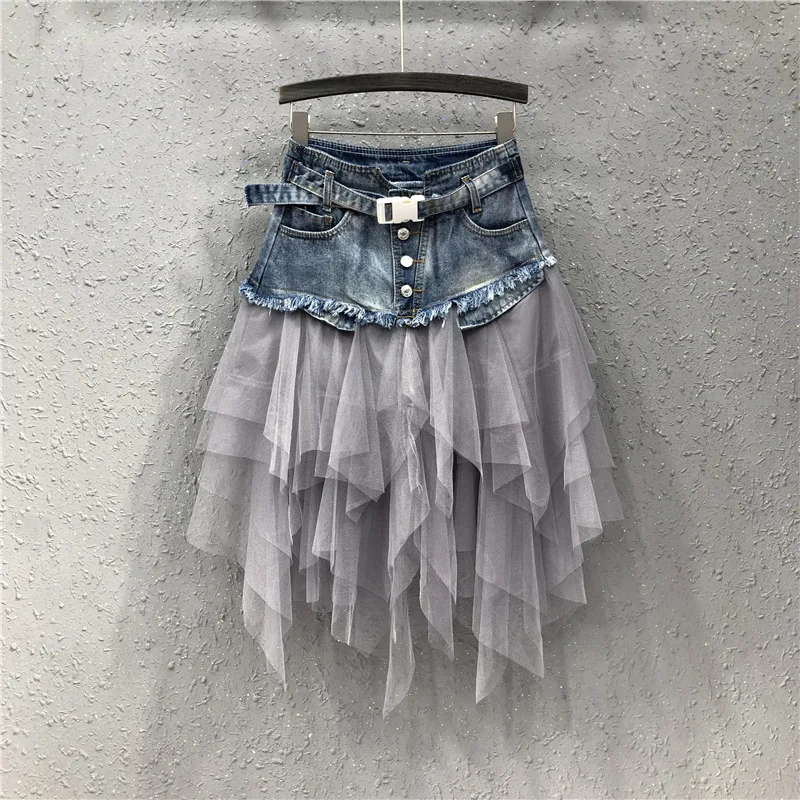 Punk Women Denim Jeans Mesh Patchwork Lace Skirt High Waist A Line Asymmetric Frill Tulle Pleated Midi Y2K Gothic Chic Skirts