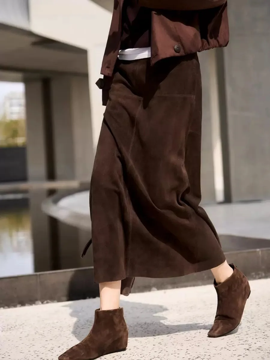 Retro High Grade Suede Real Leather Long Skirt 80cm For Women Upgraded Imported Jupe Back Split Waist Loop Faldas Ankle-Length