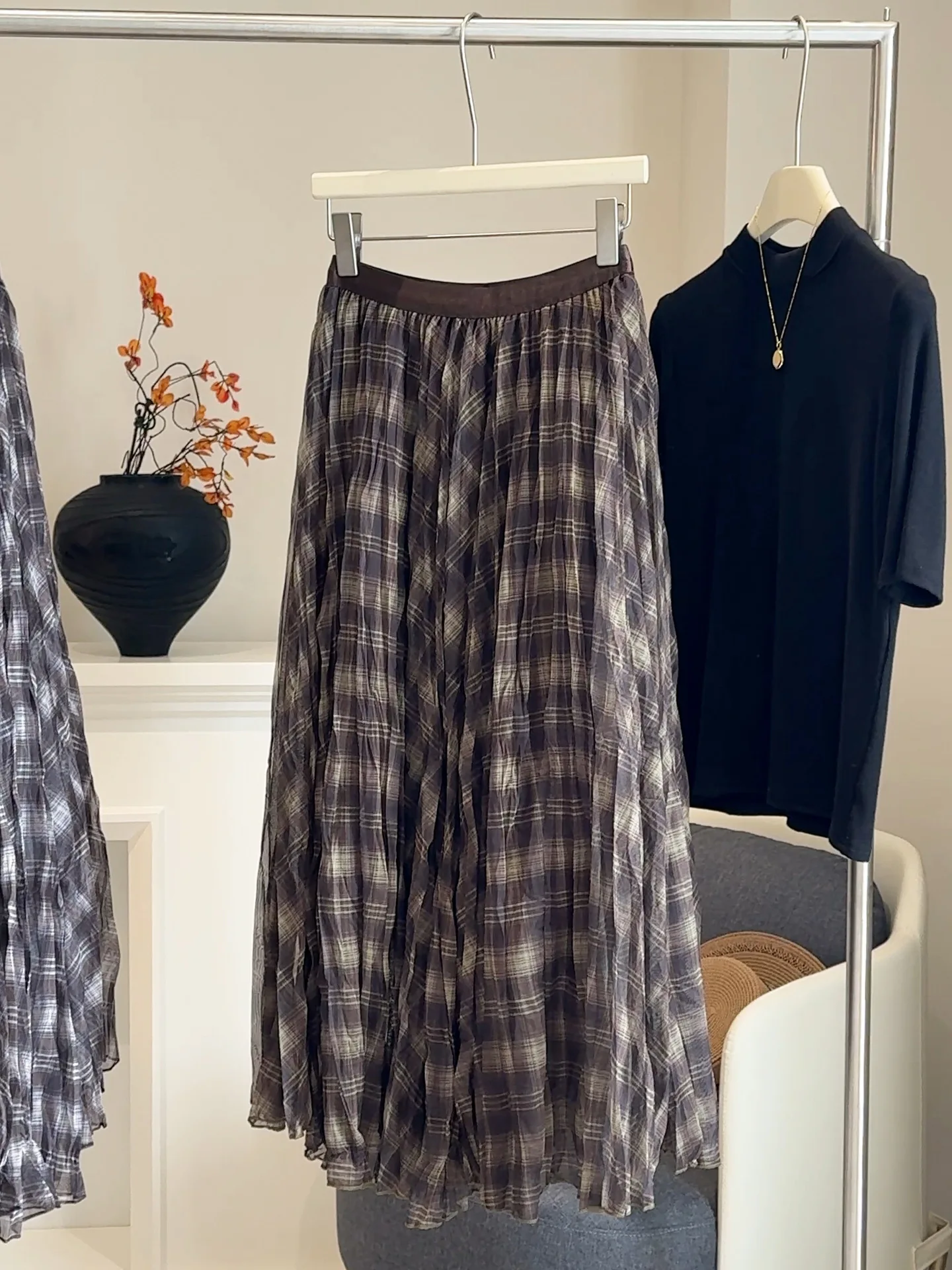 Autumn women's mesh plaid mid skirt color blocked high waisted new pleated loose umbrella skirt A-line luxurious half skirt 2026