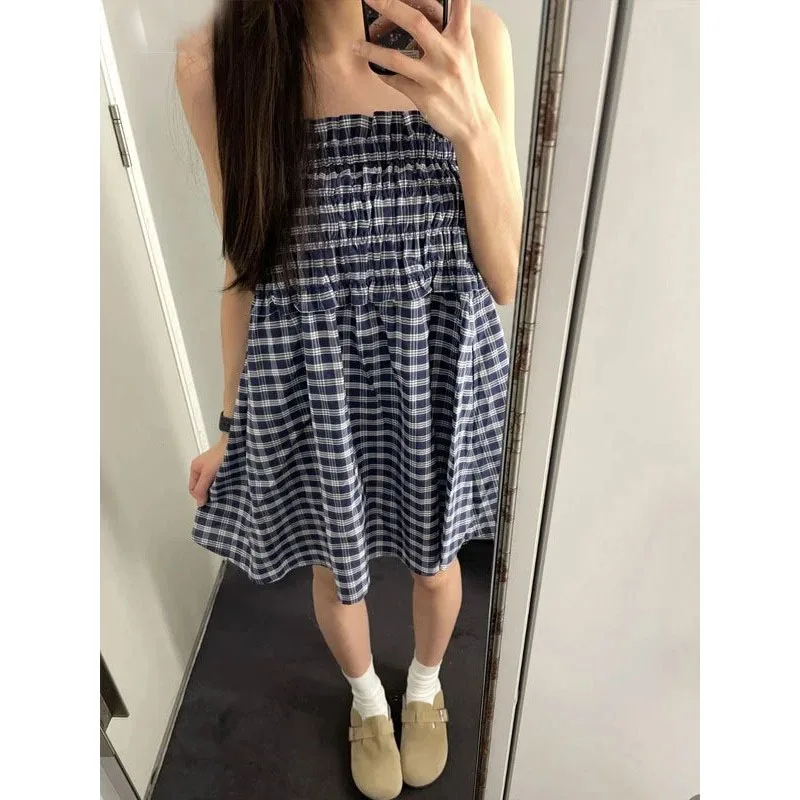 2026 Women Knee Length 2000s Summer Korean High Waist A Line Skirts Harajuku Aesthetic Patchwork Vintage Plaid Print Mini Skirt