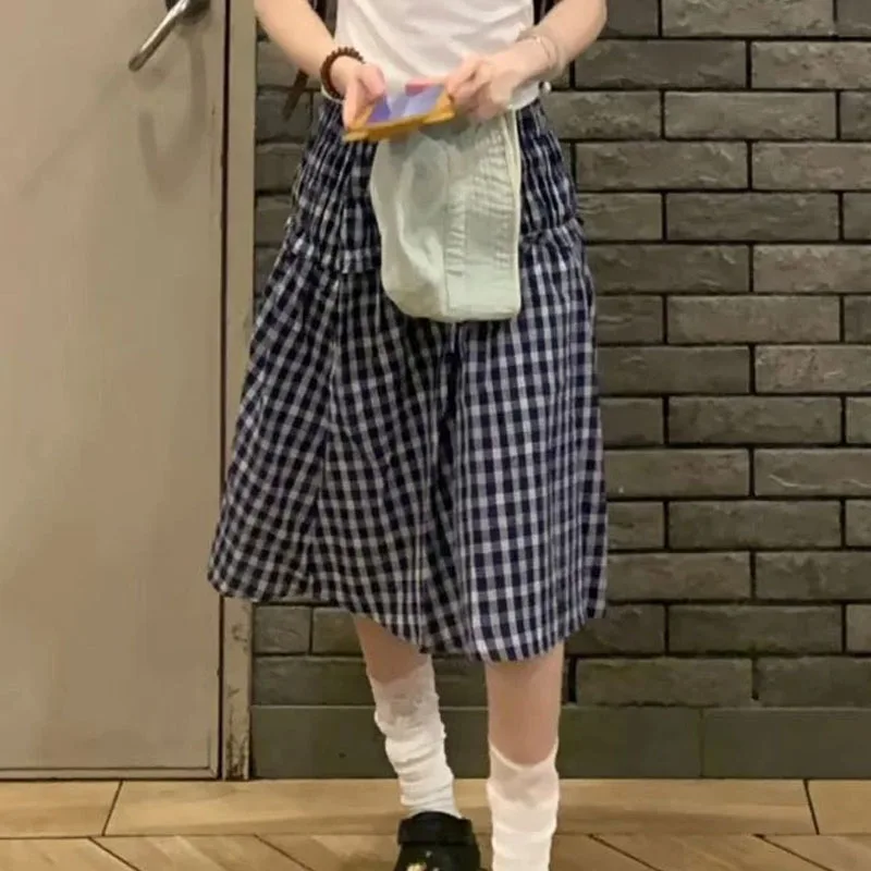 2026 Women Knee Length 2000s Summer Korean High Waist A Line Skirts Harajuku Aesthetic Patchwork Vintage Plaid Print Mini Skirt