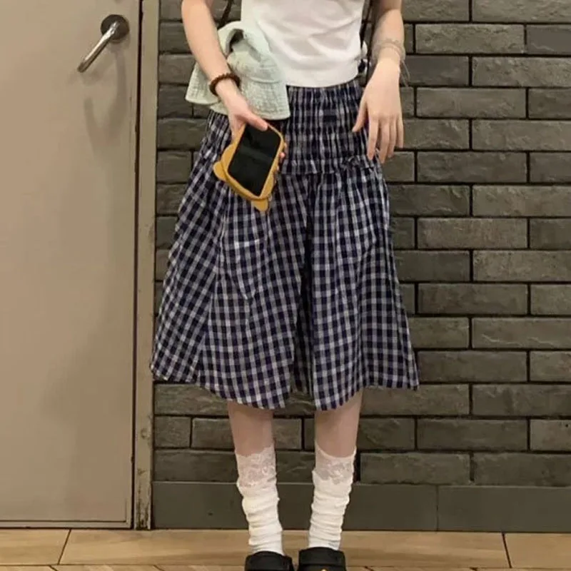 2026 Women Knee Length 2000s Summer Korean High Waist A Line Skirts Harajuku Aesthetic Patchwork Vintage Plaid Print Mini Skirt