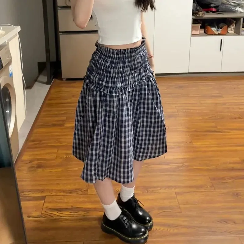 2026 Women Knee Length 2000s Summer Korean High Waist A Line Skirts Harajuku Aesthetic Patchwork Vintage Plaid Print Mini Skirt
