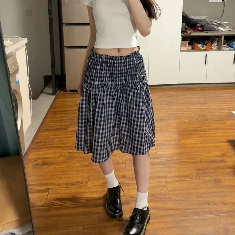 2026 Women Knee Length 2000s Summer Korean High Waist A Line Skirts Harajuku Aesthetic Patchwork Vintage Plaid Print Mini Skirt