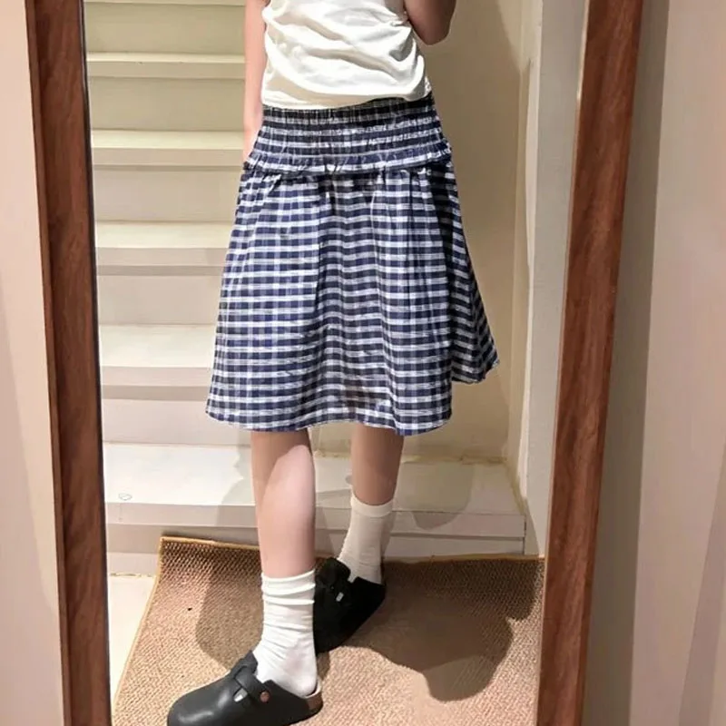 2026 Women Knee Length 2000s Summer Korean High Waist A Line Skirts Harajuku Aesthetic Patchwork Vintage Plaid Print Mini Skirt