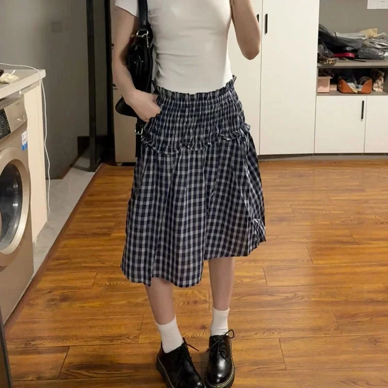 2026 Women Knee Length 2000s Summer Korean High Waist A Line Skirts Harajuku Aesthetic Patchwork Vintage Plaid Print Mini Skirt