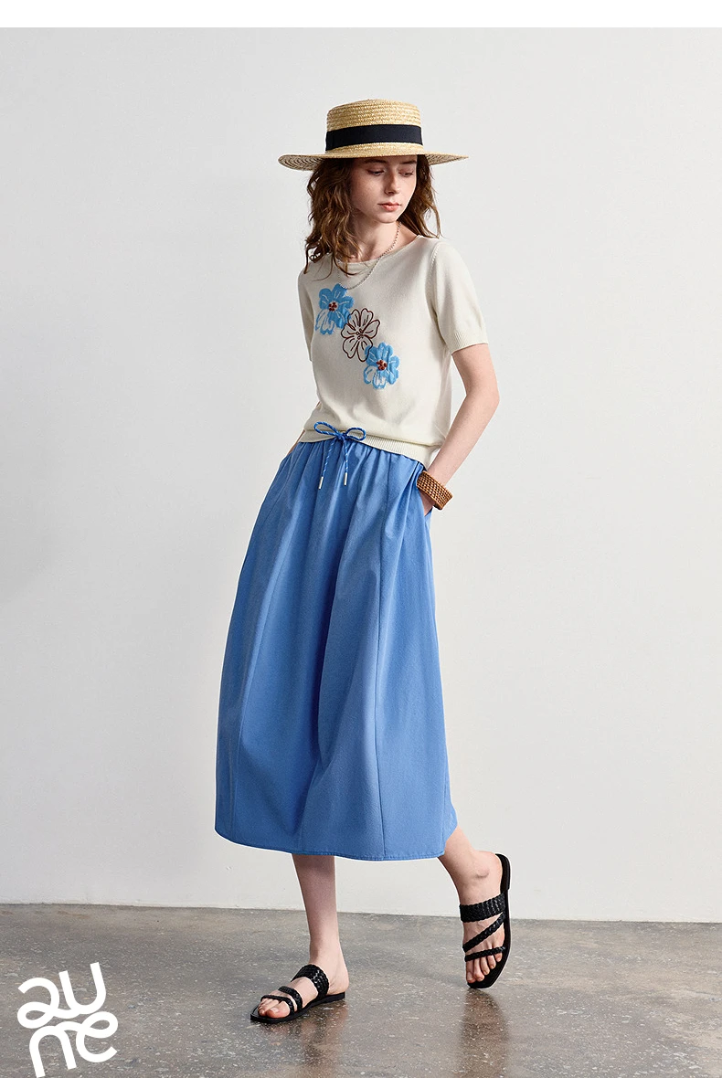 TOYOUTH Women Cotton Skirt 2026 Summer New Elastic Waist Patchwork Oversized Simple Casual A-Line Skirt