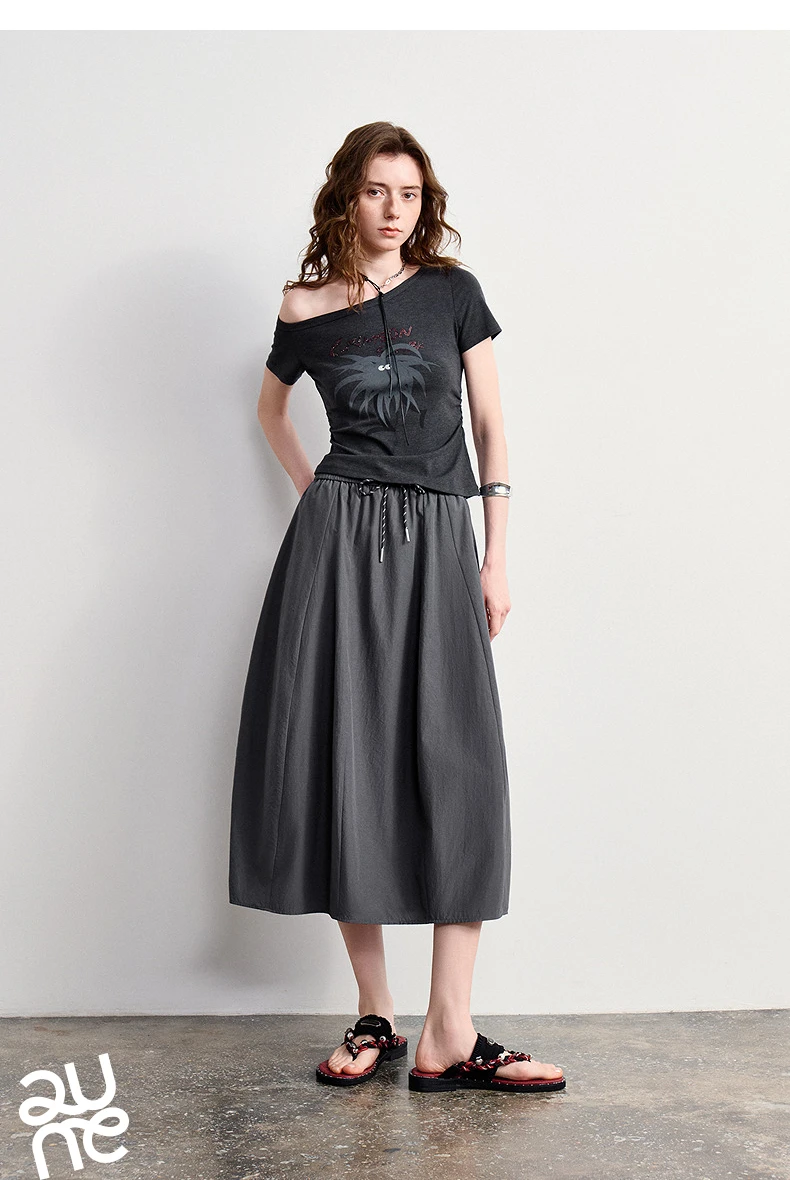 TOYOUTH Women Cotton Skirt 2026 Summer New Elastic Waist Patchwork Oversized Simple Casual A-Line Skirt