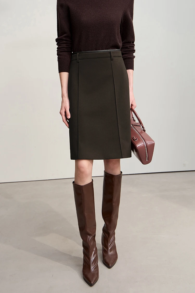 AMII Minimalist Skirts For Women 2026 Winter Straight Solid Knit Midi Skirt Patchwork Leather Casual Woman Clothing 12524092