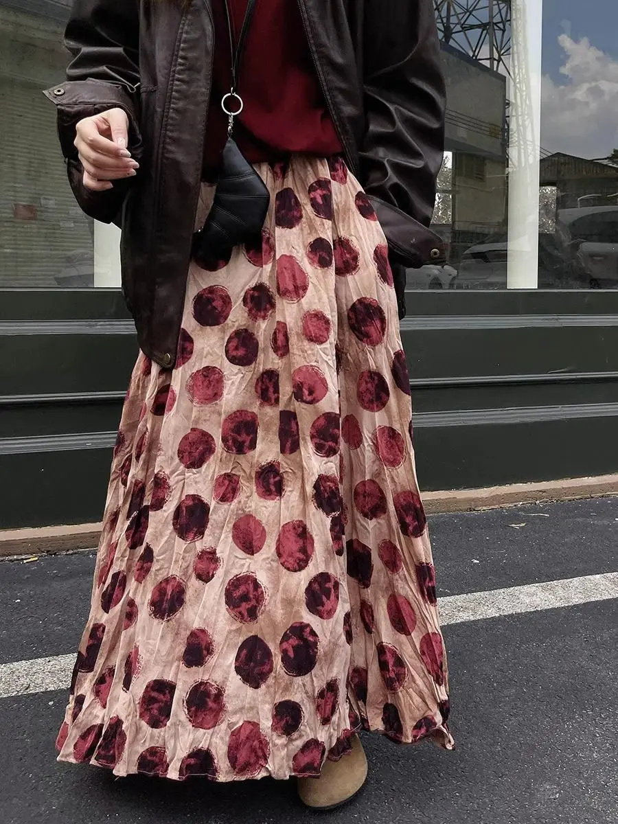 Trendy Vintage Polka Dot Print Maxi Skirt Women High Waist Long Skirt Design Spring Summer Clothes Loose Harajuku Y2k Skirts New