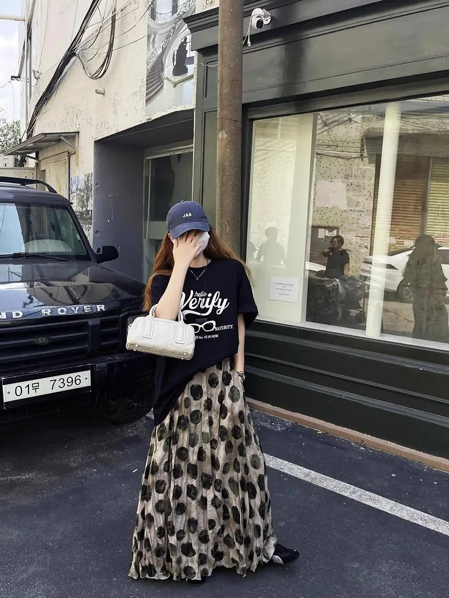 Trendy Vintage Polka Dot Print Maxi Skirt Women High Waist Long Skirt Design Spring Summer Clothes Loose Harajuku Y2k Skirts New