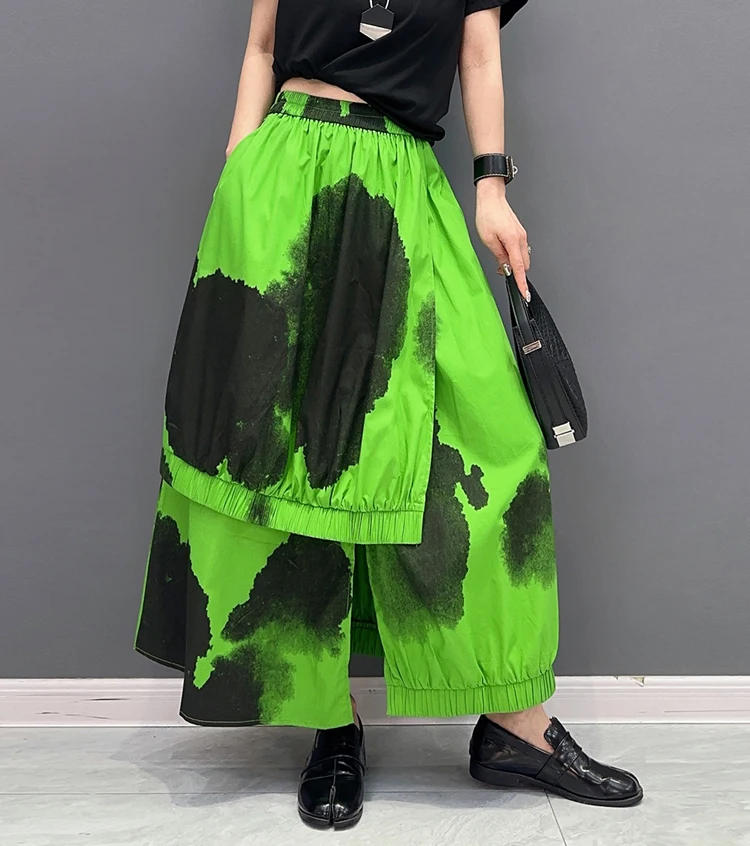 Painted Fashion New Japanese Style Woman Loose Fit Tide Long Green Black Vintage Printed Skirt Casual Streetwear Skirt JJSK076