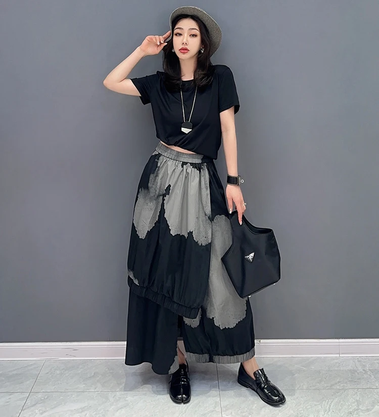 Painted Fashion New Japanese Style Woman Loose Fit Tide Long Green Black Vintage Printed Skirt Casual Streetwear Skirt JJSK076