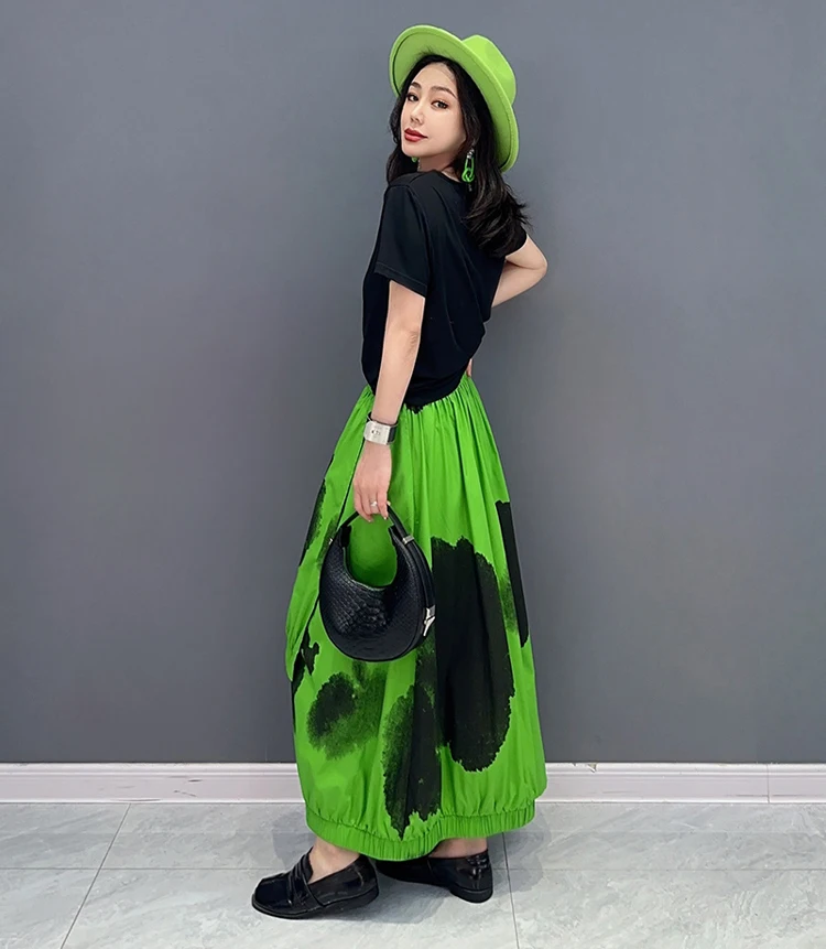 Painted Fashion New Japanese Style Woman Loose Fit Tide Long Green Black Vintage Printed Skirt Casual Streetwear Skirt JJSK076