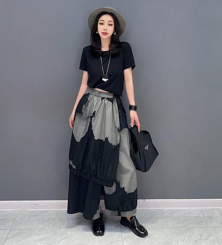 Painted Fashion New Japanese Style Woman Loose Fit Tide Long Green Black Vintage Printed Skirt Casual Streetwear Skirt JJSK076