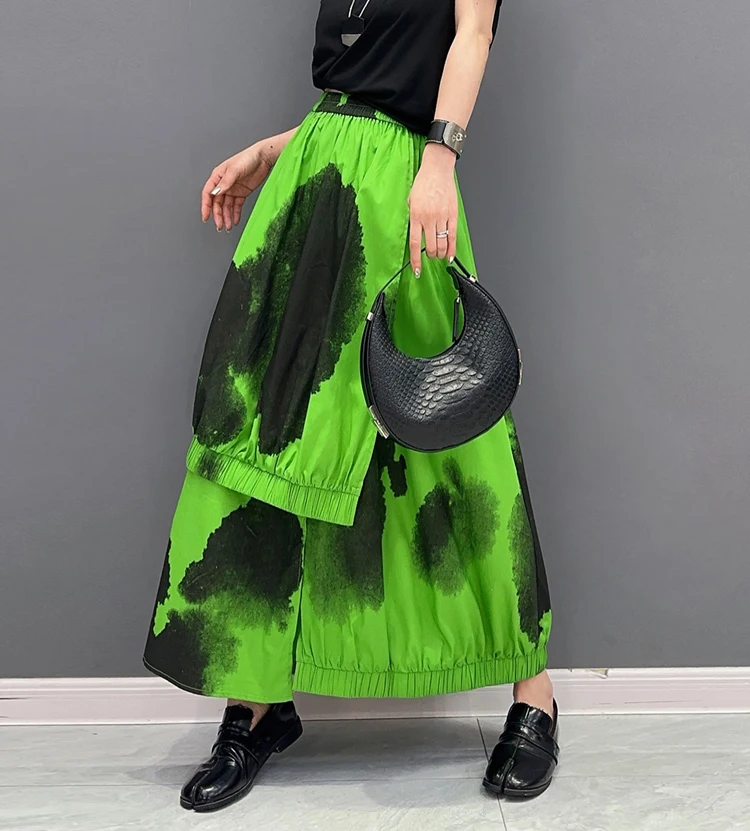 Painted Fashion New Japanese Style Woman Loose Fit Tide Long Green Black Vintage Printed Skirt Casual Streetwear Skirt JJSK076