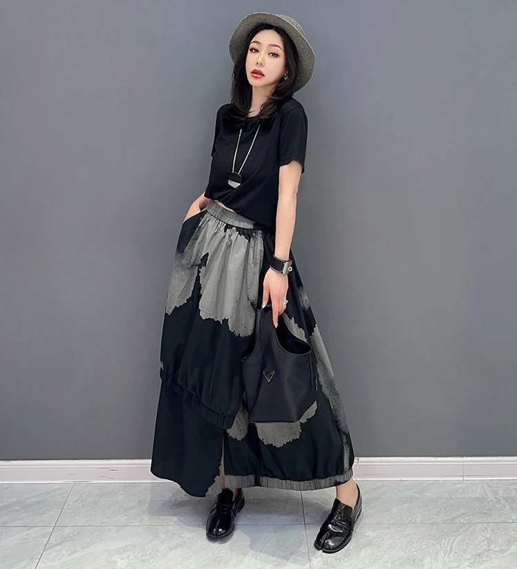 Painted Fashion New Japanese Style Woman Loose Fit Tide Long Green Black Vintage Printed Skirt Casual Streetwear Skirt JJSK076