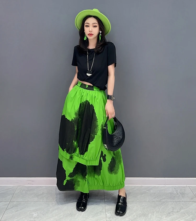 Painted Fashion New Japanese Style Woman Loose Fit Tide Long Green Black Vintage Printed Skirt Casual Streetwear Skirt JJSK076