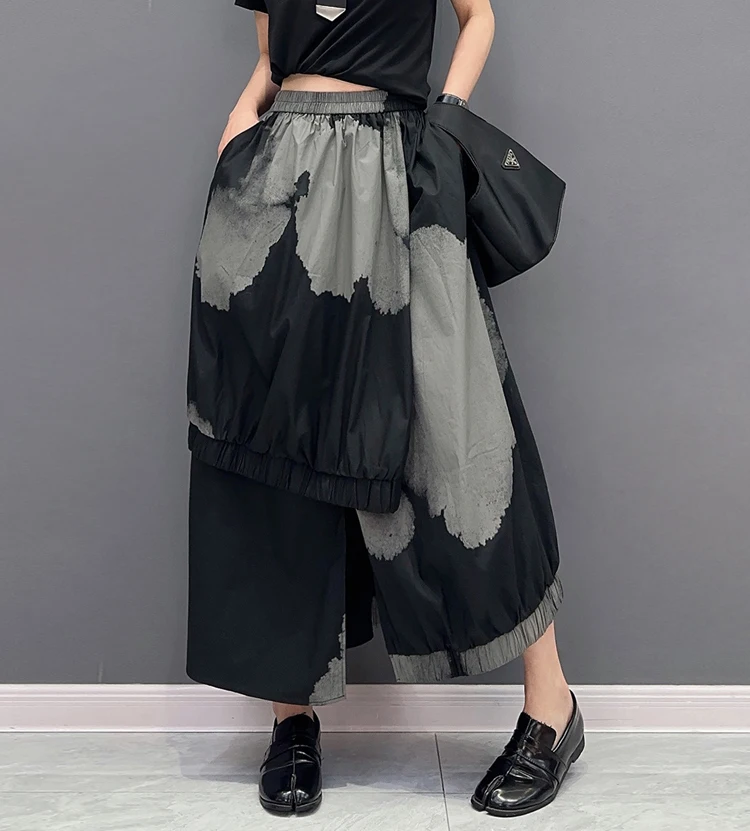 Painted Fashion New Japanese Style Woman Loose Fit Tide Long Green Black Vintage Printed Skirt Casual Streetwear Skirt JJSK076