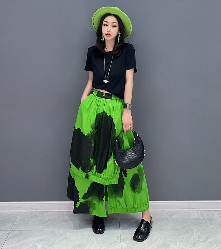 Painted Fashion New Japanese Style Woman Loose Fit Tide Long Green Black Vintage Printed Skirt Casual Streetwear Skirt JJSK076