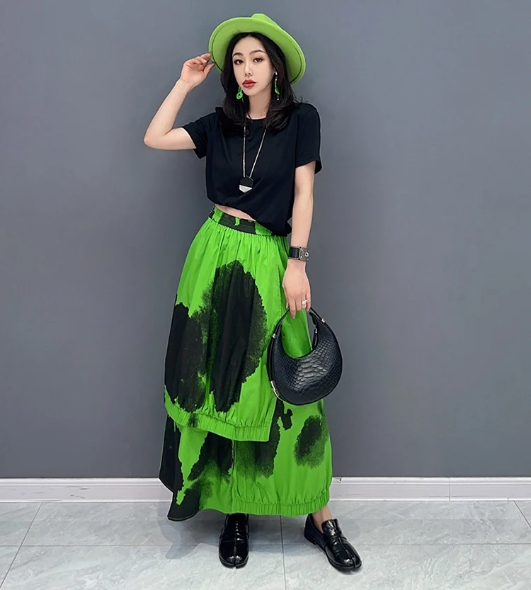 Painted Fashion New Japanese Style Woman Loose Fit Tide Long Green Black Vintage Printed Skirt Casual Streetwear Skirt JJSK076
