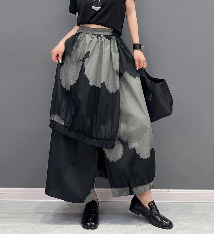 Painted Fashion New Japanese Style Woman Loose Fit Tide Long Green Black Vintage Printed Skirt Casual Streetwear Skirt JJSK076