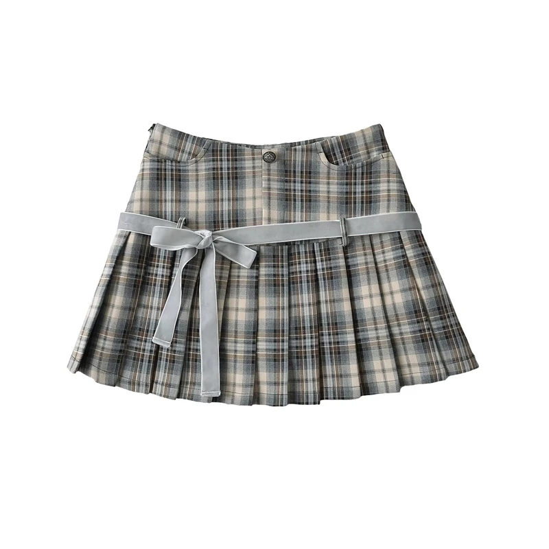 Women's Y2k A-line Pleated Skirt Vintage Plaid Mini Skirt Harajuku Korean Elegant Preppy Style Bow Skirts 2000s Clothes Summer