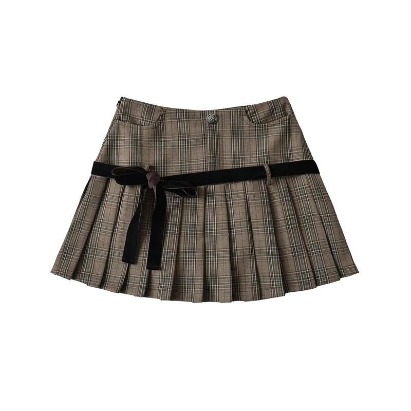 Women's Y2k A-line Pleated Skirt Vintage Plaid Mini Skirt Harajuku Korean Elegant Preppy Style Bow Skirts 2000s Clothes Summer