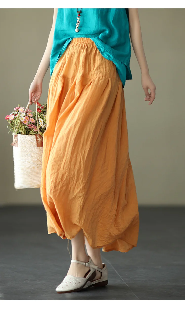 Johnature Women Vintage Cotton Linen Skirts Elastic Waist Solid Color Loose Casual Cloths 2025 Summer New Patchwork Skirts