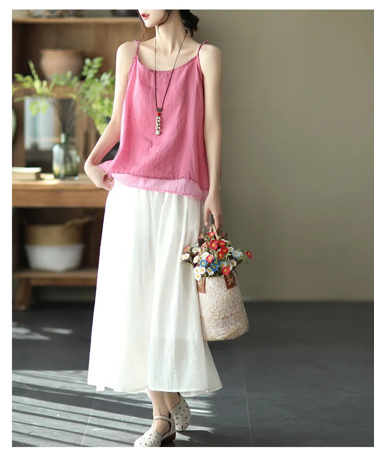 Johnature Women Vintage Cotton Linen Skirts Elastic Waist Solid Color Loose Casual Cloths 2025 Summer New Patchwork Skirts