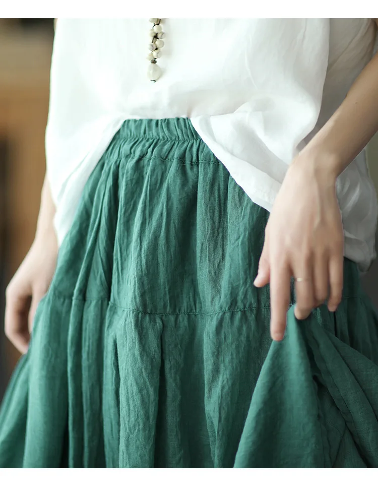 Johnature Women Vintage Cotton Linen Skirts Elastic Waist Solid Color Loose Casual Cloths 2025 Summer New Patchwork Skirts