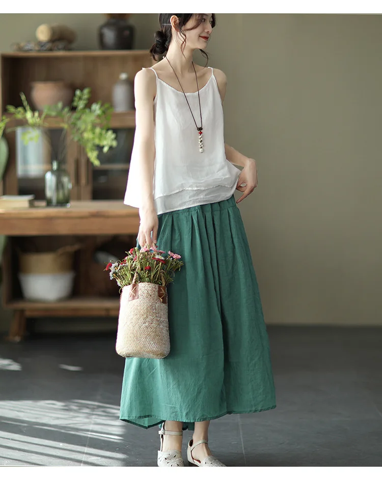 Johnature Women Vintage Cotton Linen Skirts Elastic Waist Solid Color Loose Casual Cloths 2025 Summer New Patchwork Skirts