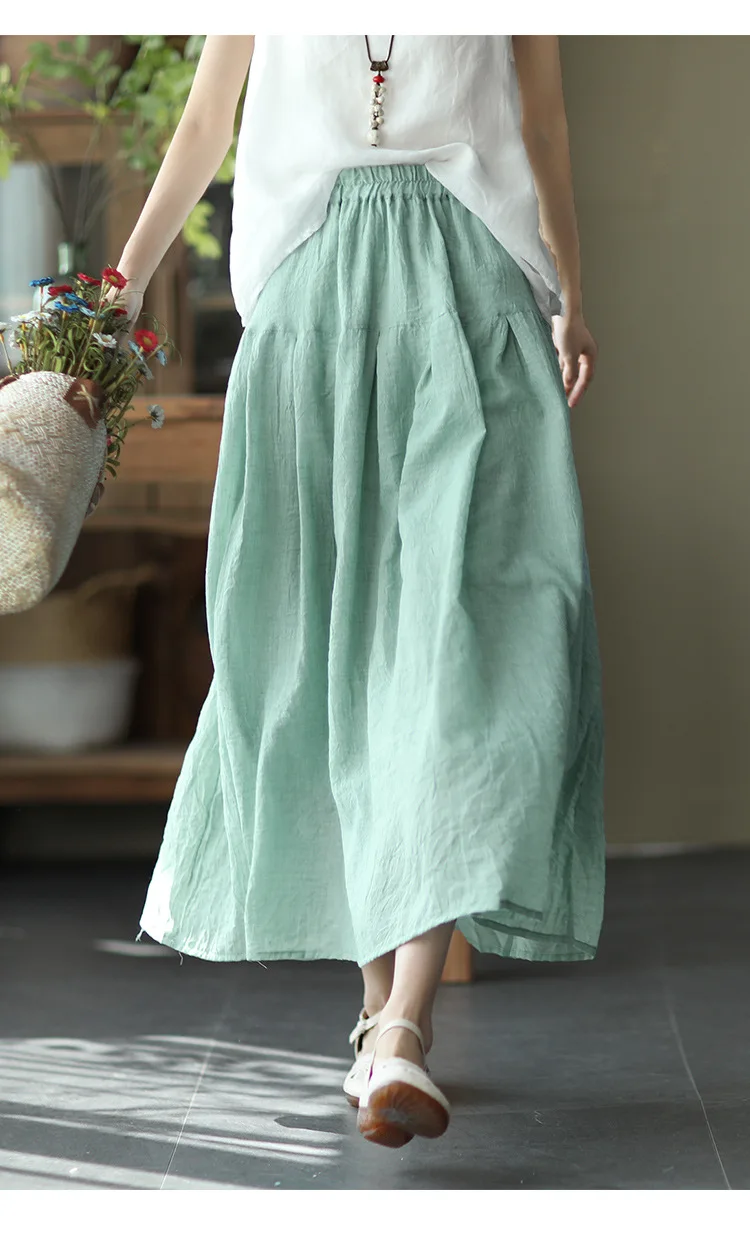 Johnature Women Vintage Cotton Linen Skirts Elastic Waist Solid Color Loose Casual Cloths 2025 Summer New Patchwork Skirts