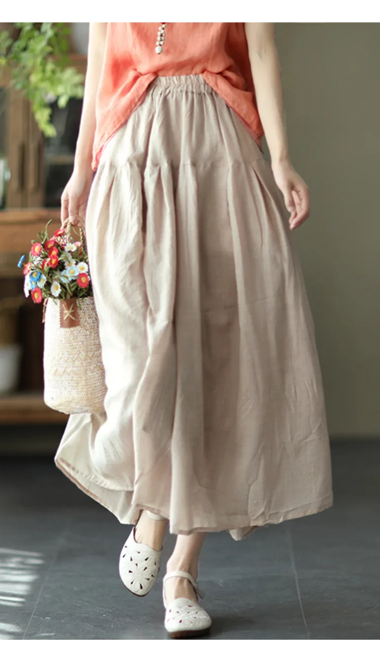 Johnature Women Vintage Cotton Linen Skirts Elastic Waist Solid Color Loose Casual Cloths 2025 Summer New Patchwork Skirts